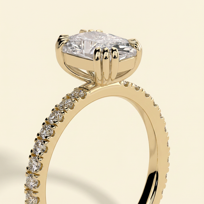 The Sera - Elongated Cushion Cut Lab Grown Diamond Triple Claw Solitaire with Pave Band Engagement Ring