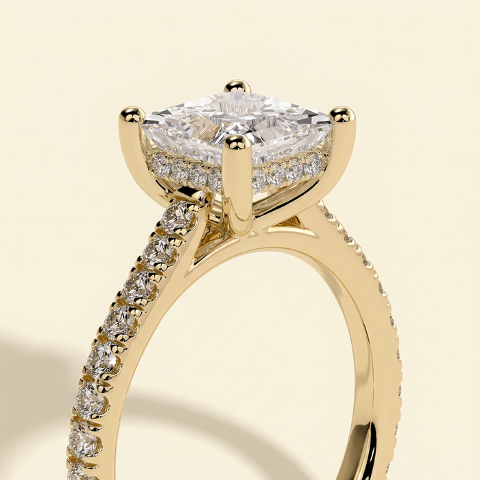 The Tivona - Princess Cut Lab Grown Diamond Four Claw Solitaire with Hidden Halo and Pave Band Engagement Ring