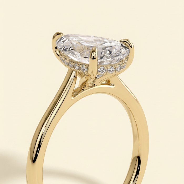 The Auva - Pear Cut Lab Grown Diamond Solitaire with Hidden Halo and Cathedral Setting Ring