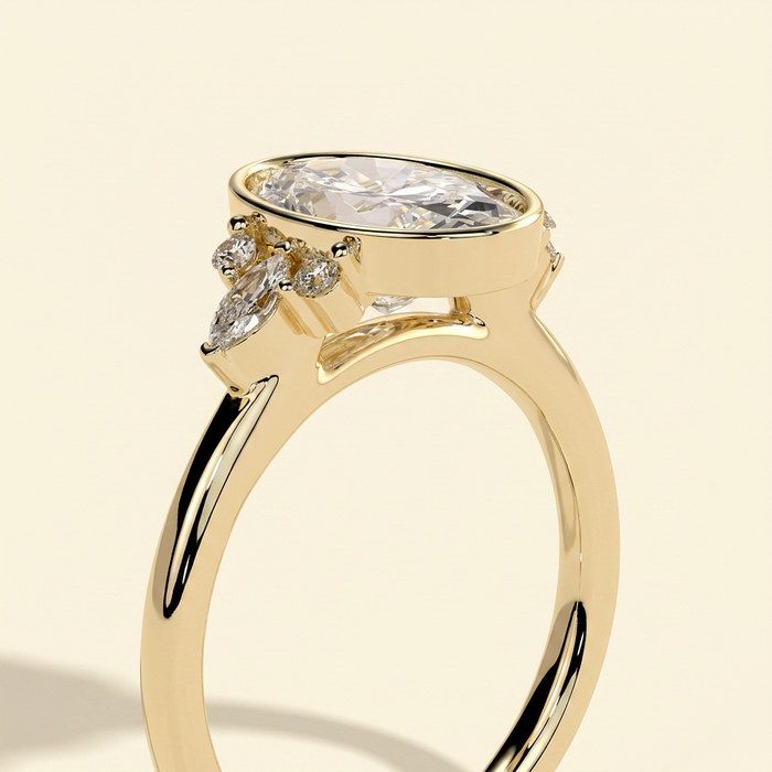 The Ziva - Oval Cut Lab Grown Diamond Bezel Set Solitaire with Marquise and Round Shoulder Stones Engagement Ring