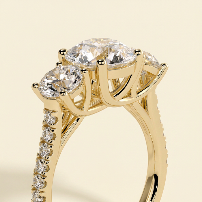 The Azure - Round Cut Lab Grown Diamond Three Stone with Round Side Stones and Pave Band Ring