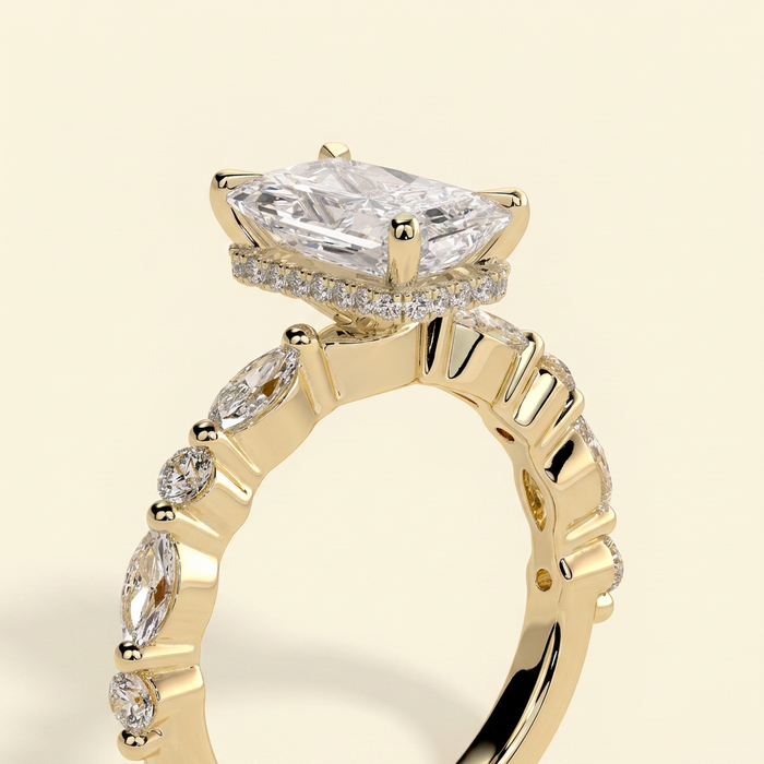 The Hana - Radiant Cut Lab Grown Diamond Hidden Halo Solitaire with Alternating Round and Marquise Accent Band Engagement Ring