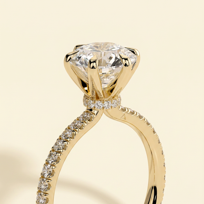 The Raela - Round Cut Lab Grown Diamond Six Claw Solitaire with Pave Collar and Pave Band