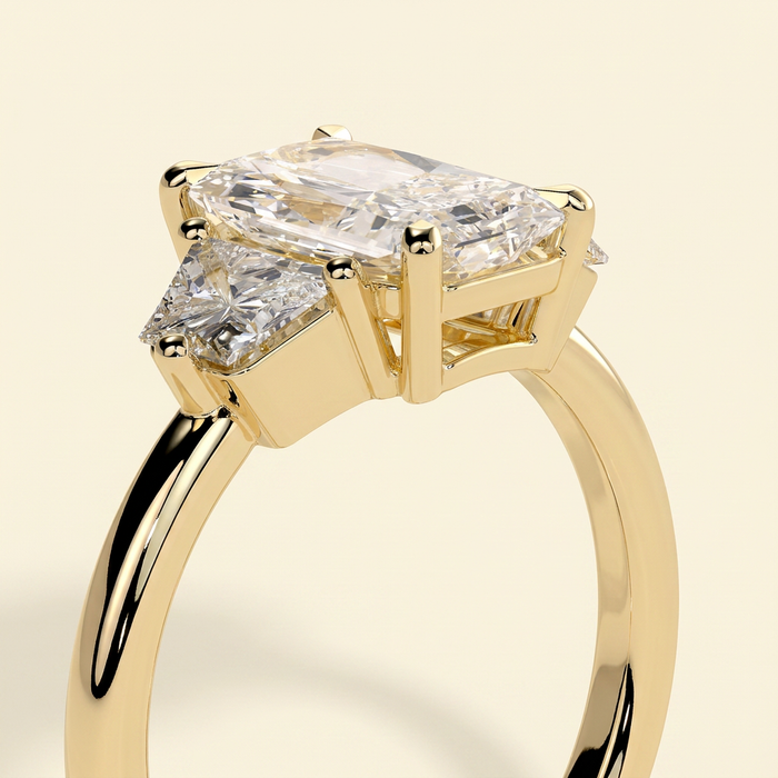The Celene - Radiant Cut Lab Grown Diamond Trilogy with Trapezoid Side Stones in Low Setting Engagement Ring