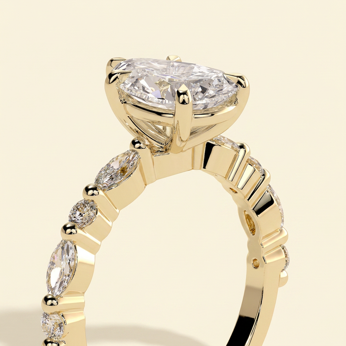 The Renelle - Pear Cut Lab Grown Diamond Five Claw Solitaire with Marquise and Round Accent Band