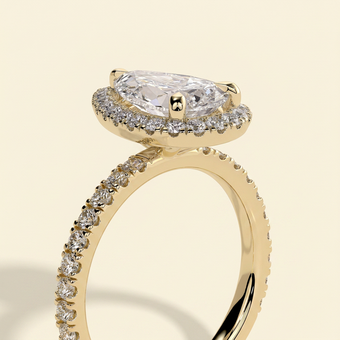 The Minelle - Pear Cut Lab Grown Diamond Three Claw Halo with Pave Band Engagement Ring