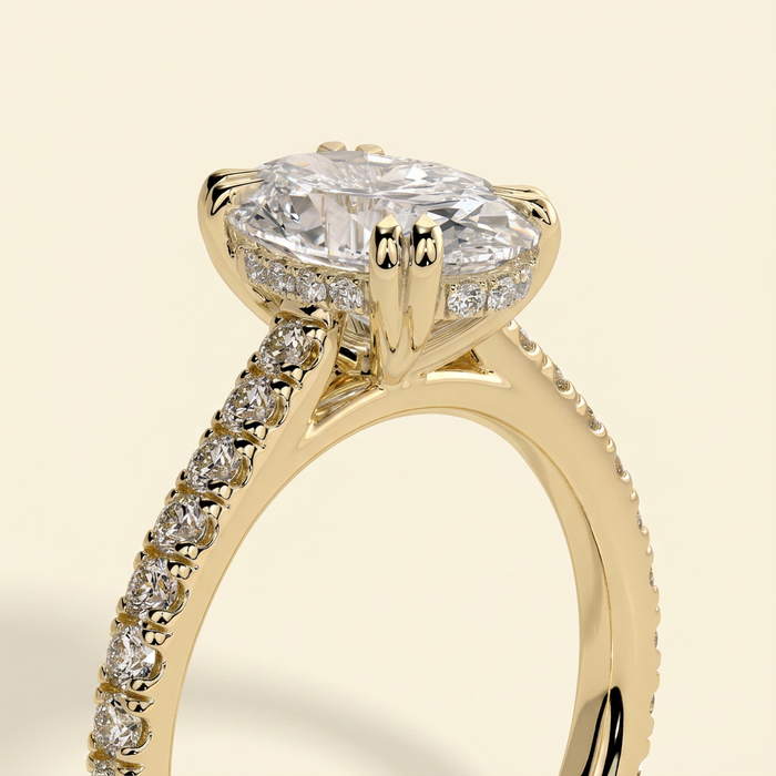 The Arvelle - Oval Cut Lab Grown Diamond Double Claw Solitaire with Hidden Halo and Pave Band Engagement Ring