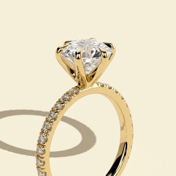 The Jaia - Six Claw Round Lab Grown Diamond Engagement Ring with Pave Band