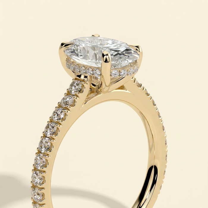 The Risela - Oval Cut Lab Grown Diamond Four Claw Solitaire with Hidden Halo and Cathedral Pave Band Engagement Ring