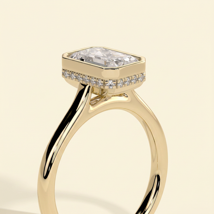 The Eviana - Emerald Cut Lab Grown Diamond Deep Bezel Solitaire with Hidden Halo and Cathedral High Setting Engagement Ring