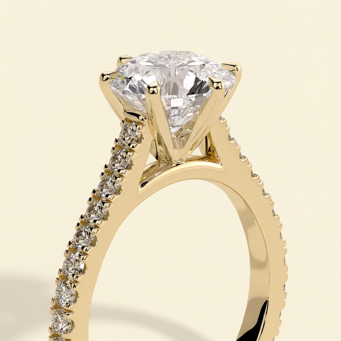 The Malia - Round Cut Lab Grown Diamond Six Claw Cathedral Solitaire with Pave Band Engagement Ring