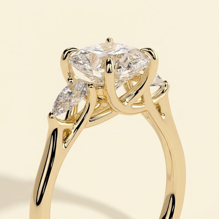 The Leonie - Cushion Cut Lab Grown Diamond Three Stone Engagement Ring with Woven Trellis Setting