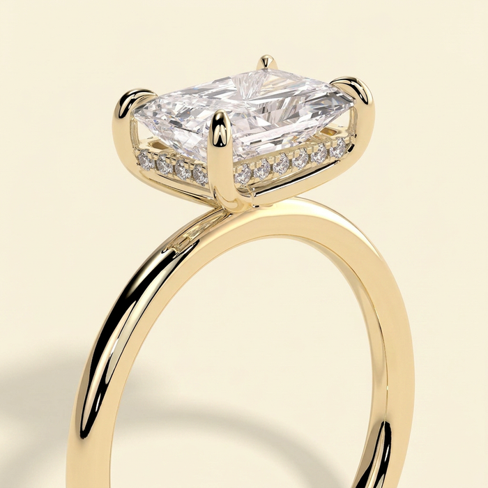 The Feya - Radiant Cut Lab Grown Diamond East West Four Claw Solitaire Ring with Hidden Halo