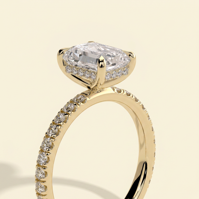 The Livia - Emerald Cut Lab Grown Diamond Solitaire Engagement Ring with Hidden Halo and Pave Band