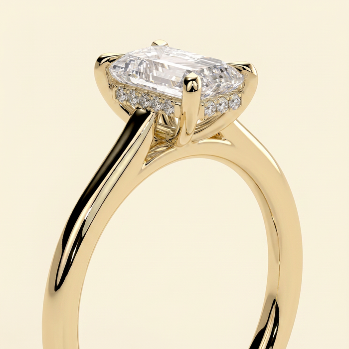 The Giova - Emerald Cut Lab Grown Diamond Four Claw Solitaire with Hidden Halo Engagement Ring