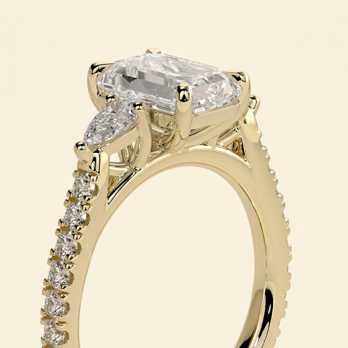 The Aluna - Emerald Cut Lab Grown Diamond Three Stone Ring with Pave Band