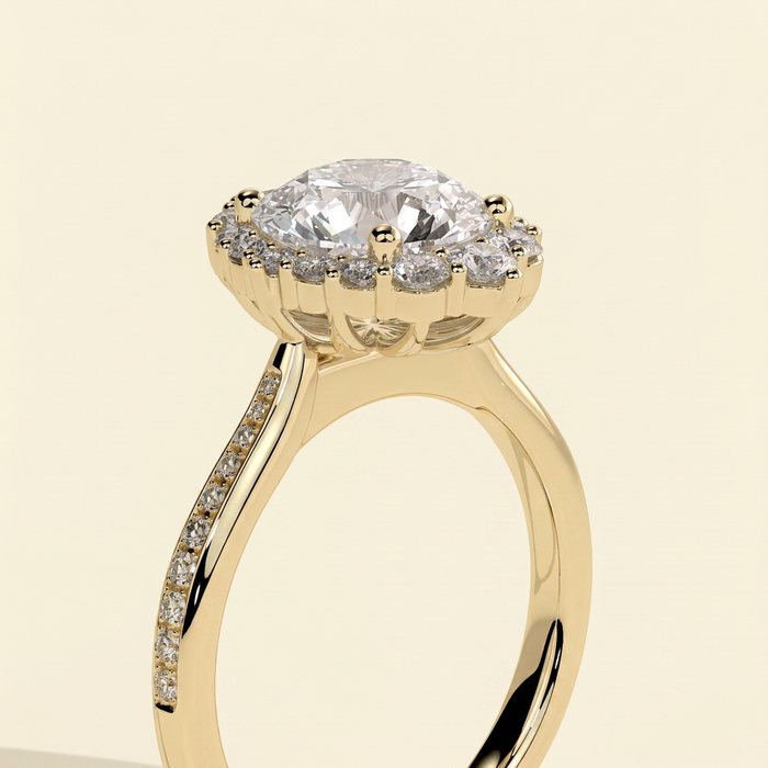 The Halia - Round Cut Lab Grown Diamond Vintage Halo Engagement Ring with Bead Set Micropave Band
