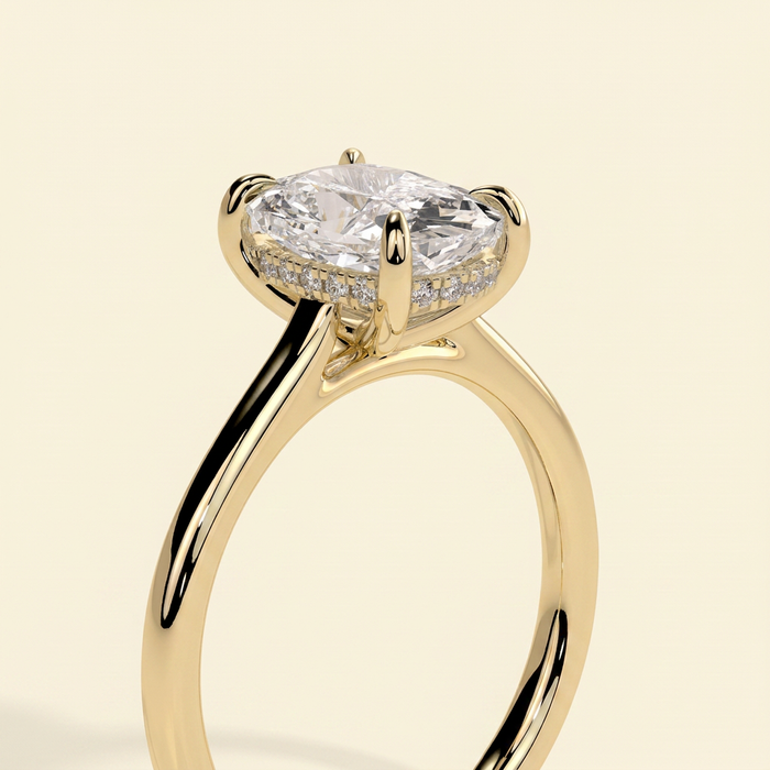 The Blythe - Elongated Cushion Cut Lab Grown Diamond Four Claw Solitaire with Hidden Halo and Cathedral High Setting Engagement Ring