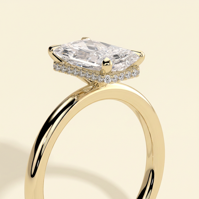 The Iliana - Radiant Cut Lab Grown Diamond Four Claw Solitaire with Wrap Around Hidden Halo Engagement Ring