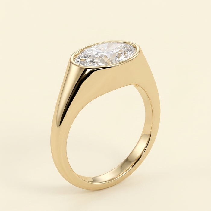 The Colette - Oval Cut Lab Grown Diamond East West Bezel Set Solitaire with Signet Band Engagement Ring