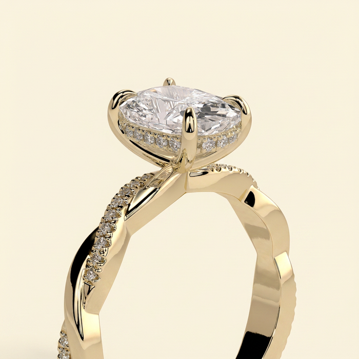 The Orella - Elongated Cushion Cut Lab Grown Diamond Hidden Halo Solitaire with Twisted Alternating Pave Band Engagement Ring