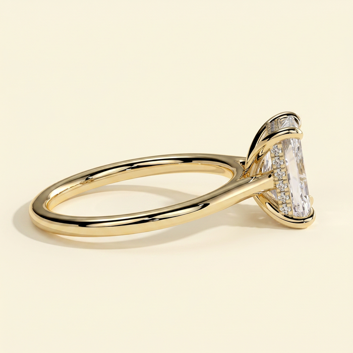 The Izar - Radiant Cut Lab Grown Diamond Four Claw Solitaire with Hidden Halo and Cathedral High Setting Engagement Ring