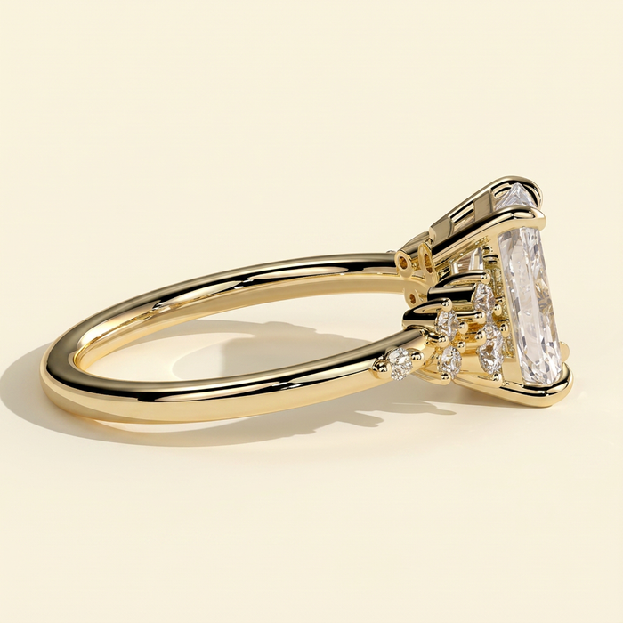The Jorelle - Radiant Cut Lab Grown Diamond Solitaire with Clustered Round Shoulder Stones Engagement Ring