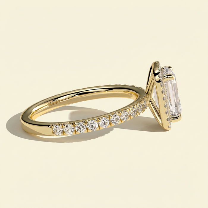 The Dorea - Emerald Lab Grown Diamond Halo Engagement Ring with Pave Band
