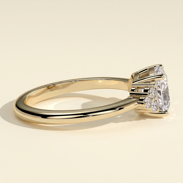 The Starla - Cushion Cut Lab Grown Diamond Four Claw Low Set Solitaire with Round Side Stones Engagement Ring
