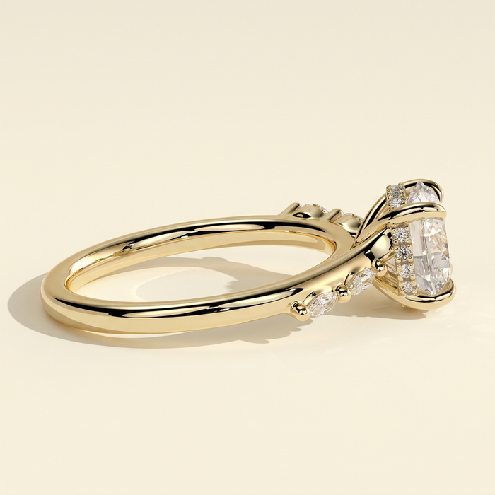 The Stelle - Round Cut Lab Grown Diamond Hidden Halo Solitaire with Opposing Marquise Accent Band Engagement Ring