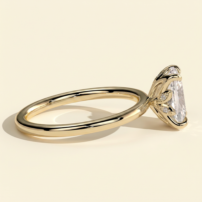 The Ulani - Elongated Cushion Cut Lab Grown Diamond Claw Solitaire with Petal Gallery and Accent Leaf Detail Engagement Ring