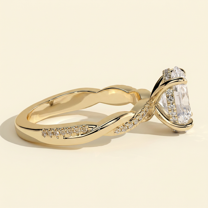 The Runa - Oval Cut Lab Grown Diamond Hidden Halo Solitaire with Braided Pave Band Engagement Ring
