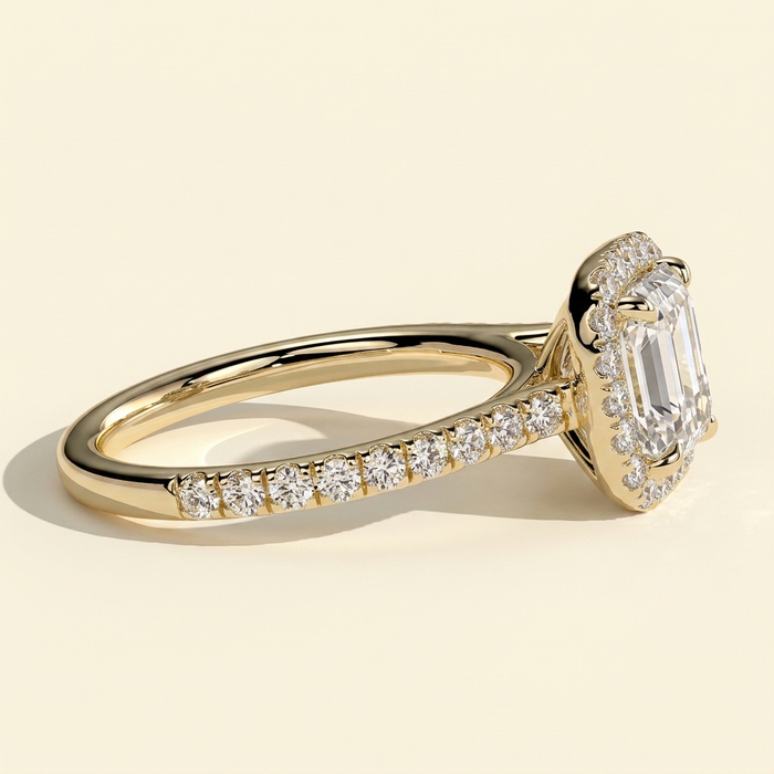 The Soleia - Cushion Cut Lab Grown Diamond Halo with Pave Band and Cathedral Setting Engagement Ring