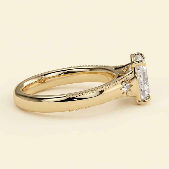 The Elysse - Elongated Cushion Cut Lab Grown Diamond Vintage Bezel Solitaire with Star Set Accents and Milgrain Engagement Ring
