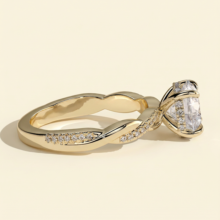 The Morea - Round Cut Lab Grown Diamond Hidden Halo Solitaire with Braided Pave Band Engagement Ring