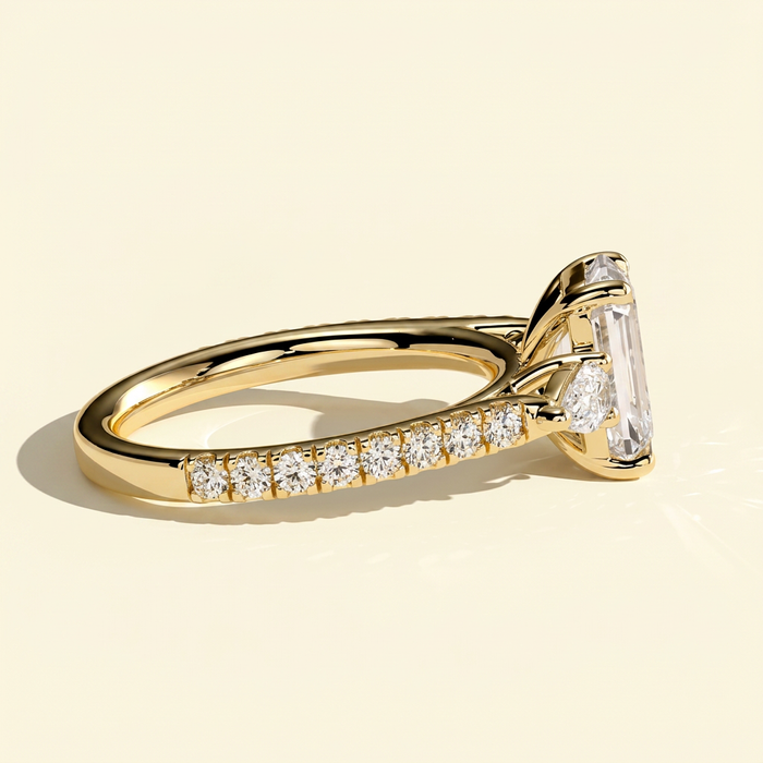 The Aluna - Emerald Cut Lab Grown Diamond Three Stone Ring with Pave Band