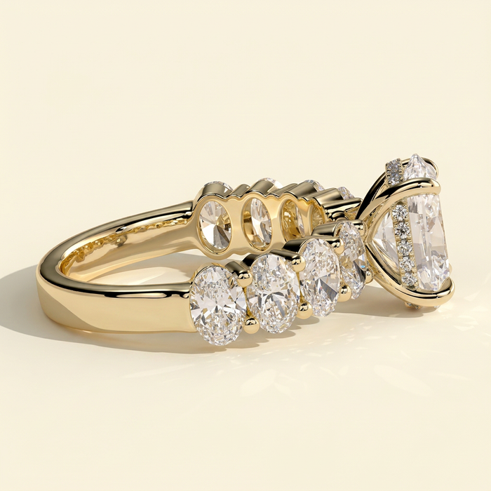 The Tesoro - Oval Cut Lab Grown Diamond Solitaire with Oval Half Eternity Band and Hidden Halo Engagement Ring