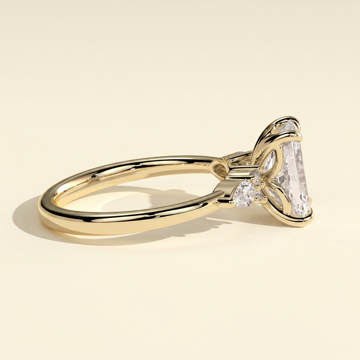 The Raina - Radiant Cut Lab Grown Diamond Three Stone Tulip Gallery Ring with Pear Side Stones