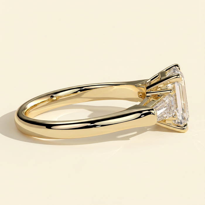 The Liora - Emerald Cut Lab Diamond Three Stone with Tapered Baguette Side Stones Engagement Ring
