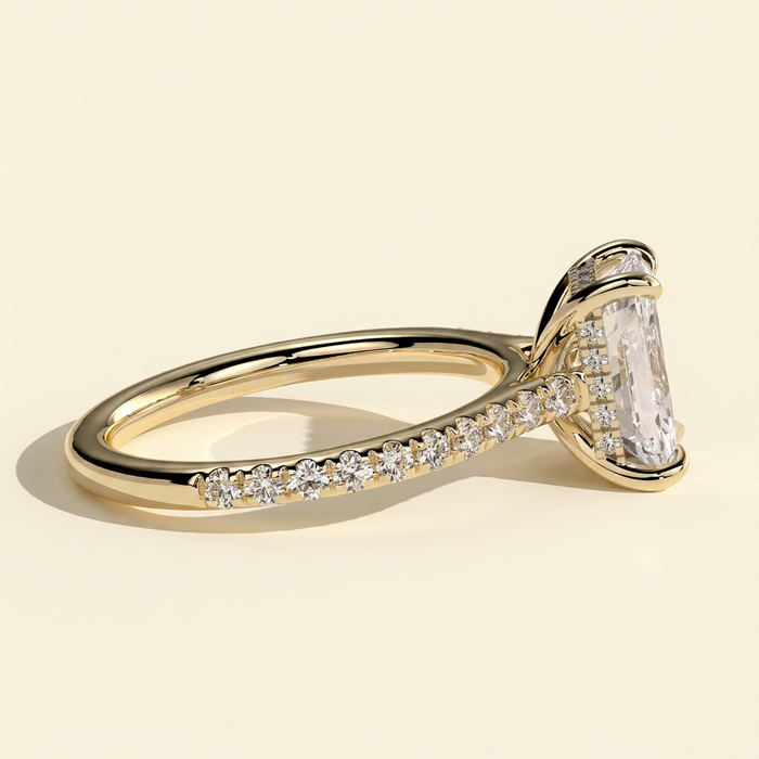 The Della - Radiant Cut Lab Grown Diamond Cathedral Solitaire with Hidden Halo and Pave Band Engagement Ring