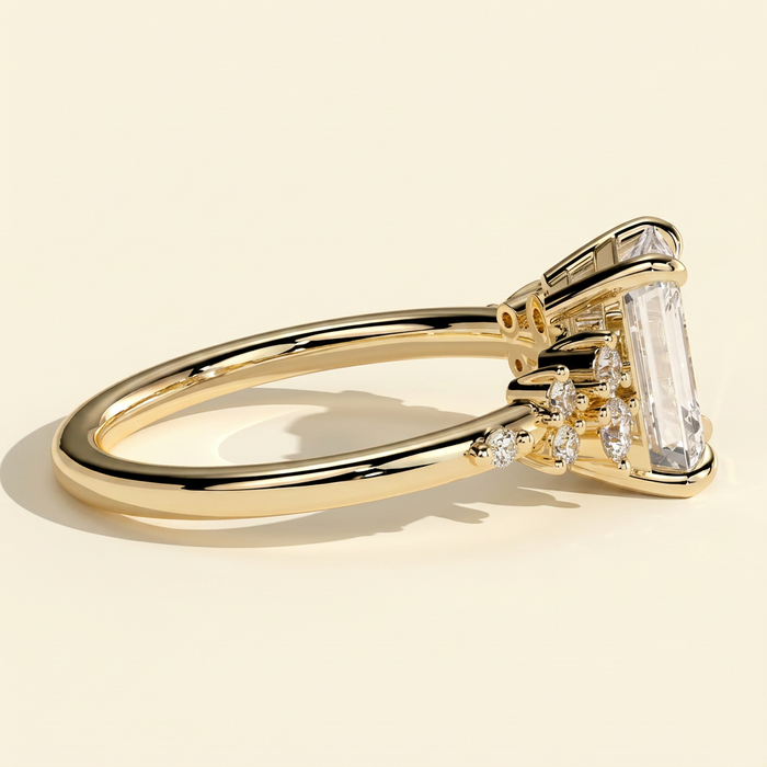 The Jemma - Emerald Cut Lab Grown Diamond Four Claw Solitaire with Clustered Round Shoulder Stones Engagement Ring