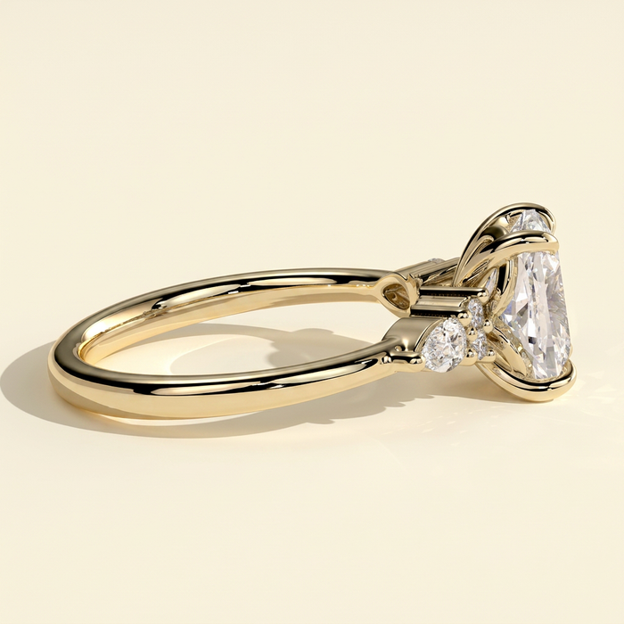 The Verelle - Elongated Cushion Cut Lab Grown Diamond Three Stone Engagement Ring with Pear and Round Side Stones
