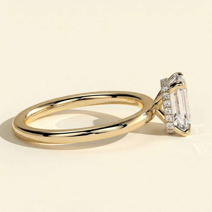 The Izara - Emerald Cut Lab Grown Diamond Four Claw Solitaire with Wrap Around Hidden Halo Engagement Ring