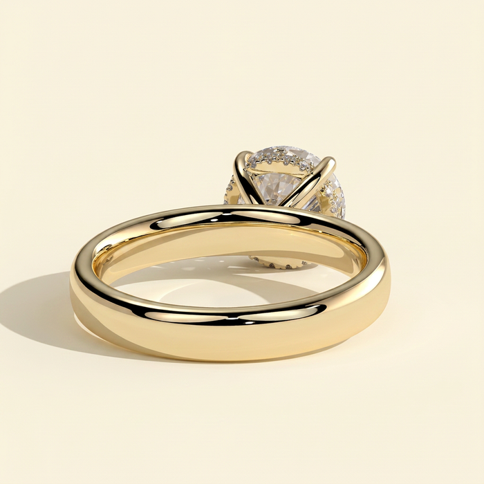 The Miela - Round Cut Lab Grown Diamond Four Claw Solitaire with Hidden Halo and Cigar Band Engagement Ring