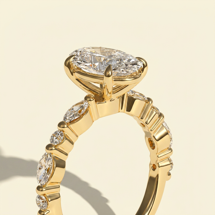 The Deva - Oval Lab Grown Diamond Ring with Marquise and Round Side Stones