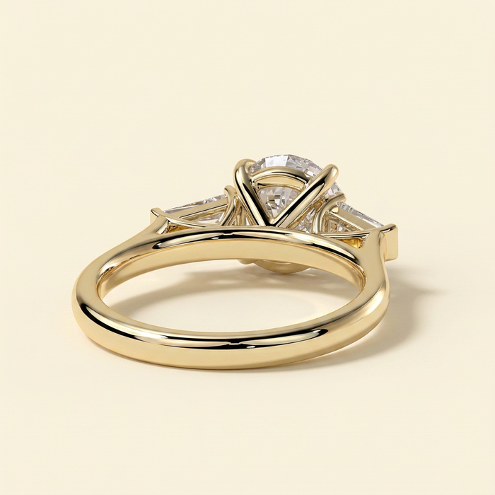 The Serena - Round Cut Lab Grown Diamond Three Stone with Tapered Baguette Side Stones and Cathedral Setting Engagement Ring
