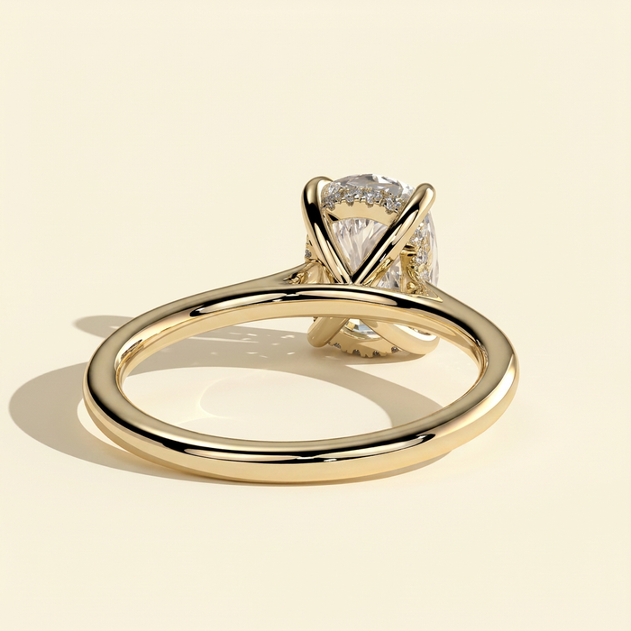 The Blythe - Elongated Cushion Cut Lab Grown Diamond Four Claw Solitaire with Hidden Halo and Cathedral High Setting Engagement Ring
