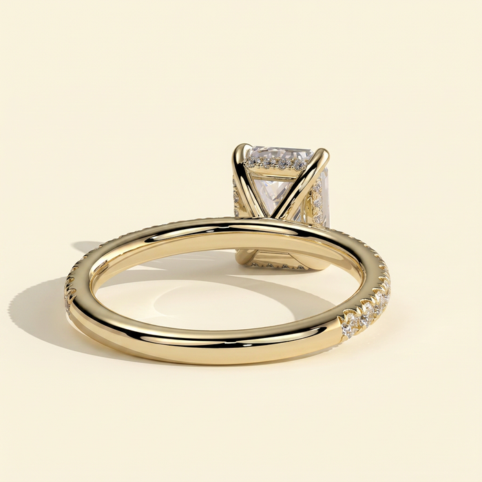 The Livia - Emerald Cut Lab Grown Diamond Solitaire Engagement Ring with Hidden Halo and Pave Band
