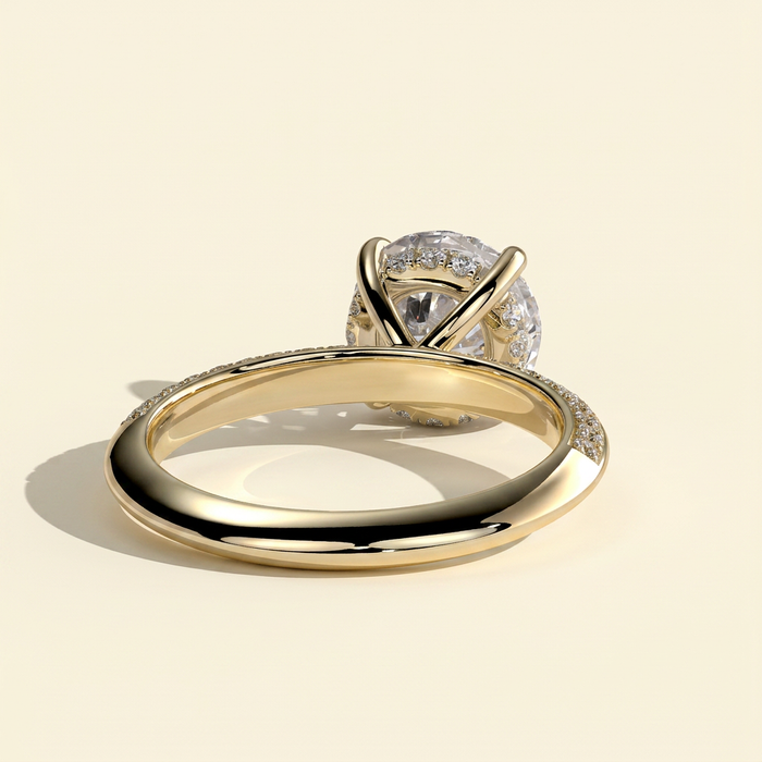 The Zaria - Round Cut Lab Grown Diamond Hidden Halo Solitaire with Knife Edge Pave Band Engagement Ring