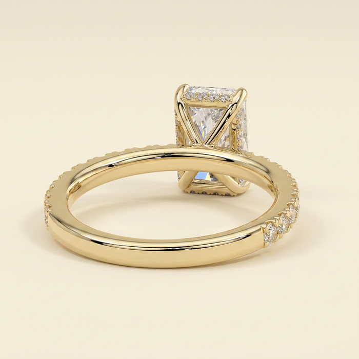 The Elenia - Radiant Cut Lab Grown Diamond Four Claw Solitaire with Hidden Halo and Pave Band Engagement Ring